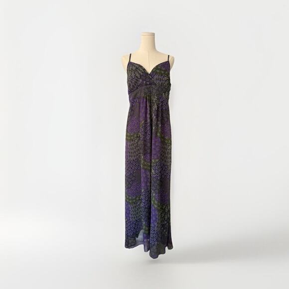 Apt 9 Paisley Babydoll Maxi Dress L V-Neck Retro Groovy Smocked Purple 60s 70s - Picture 1 of 8